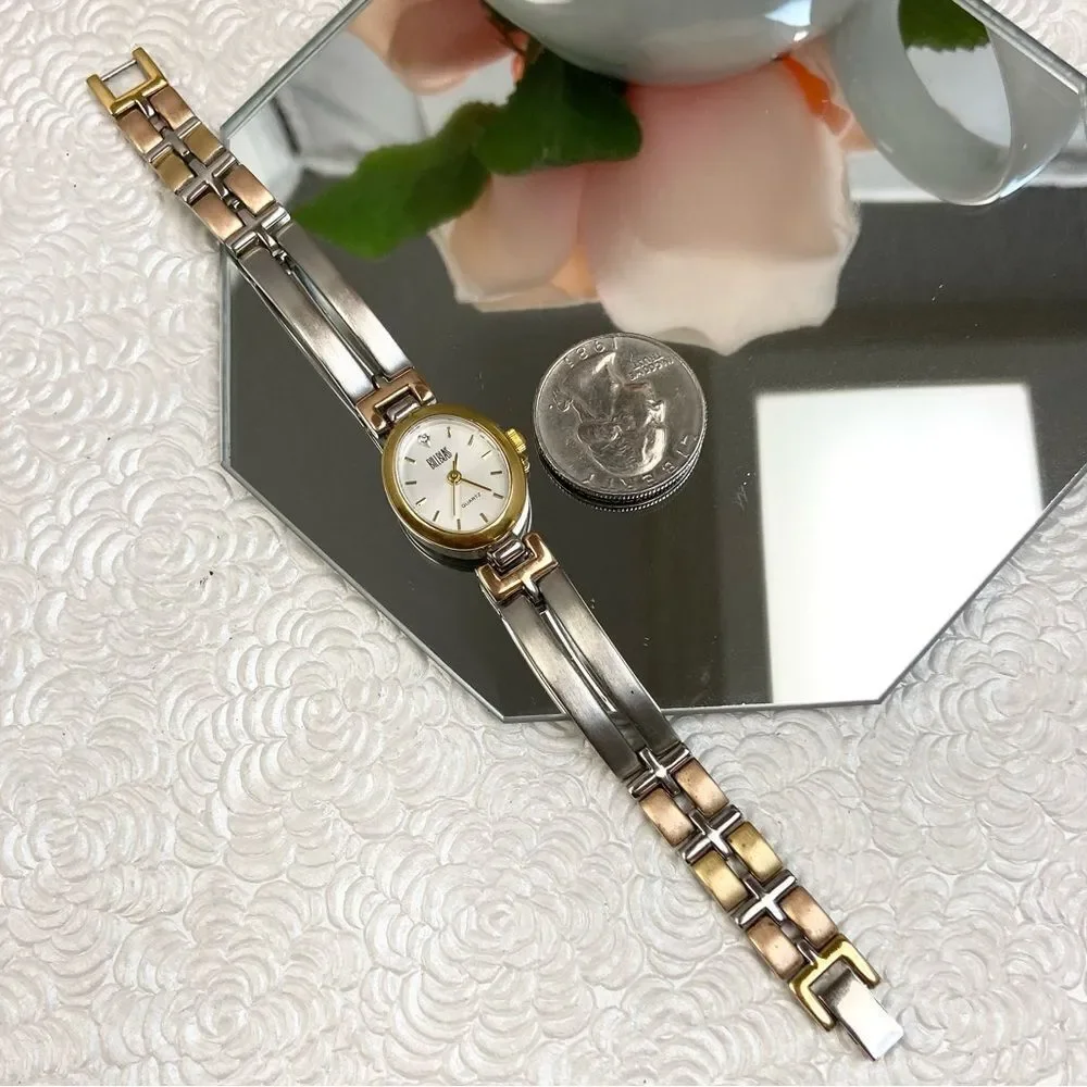 Vintage Bill Blass Diamond Accented Oval Dial Tri-Color Bracelet Watch